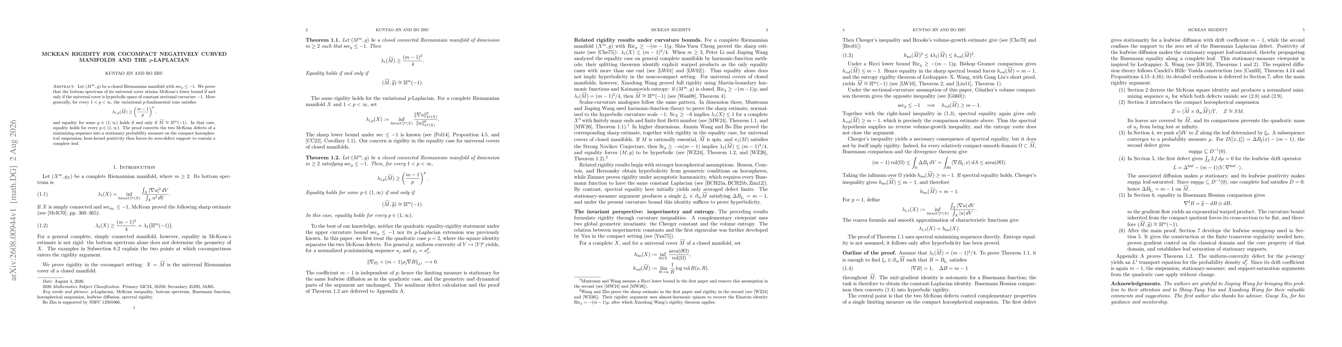 Thumbnail for McKean Rigidity for Cocompact Negatively Curved Manifolds and the \(p\)-Laplacian