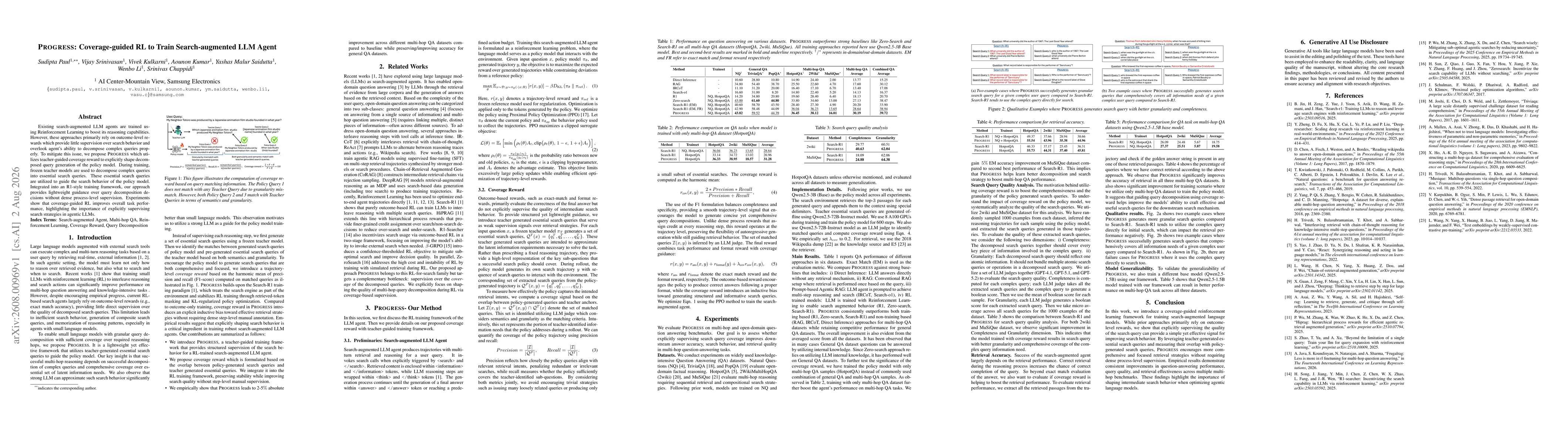 Thumbnail for PROGRESS: Coverage-guided RL to Train Search-augmented LLM Agent