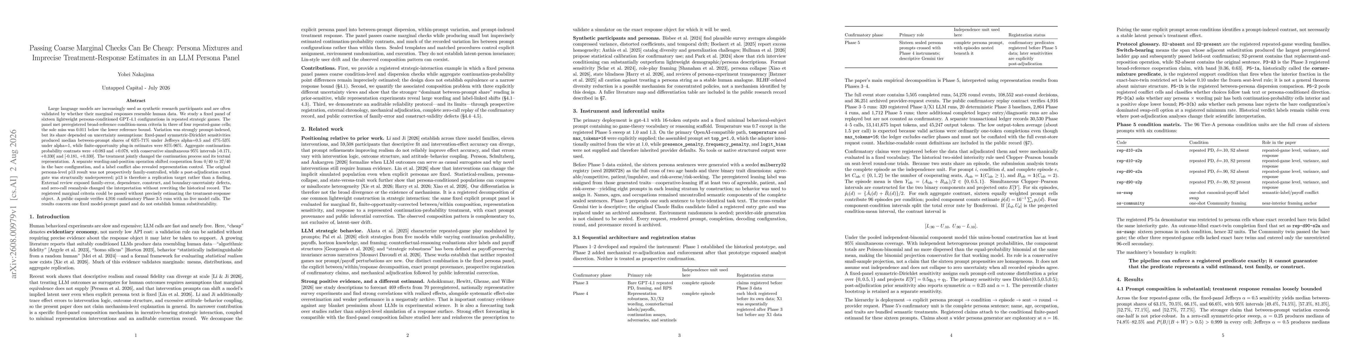 Thumbnail for Passing Coarse Marginal Checks Can Be Cheap: Persona Mixtures and Imprecise Treatment-Response Estimates in an LLM Persona Panel