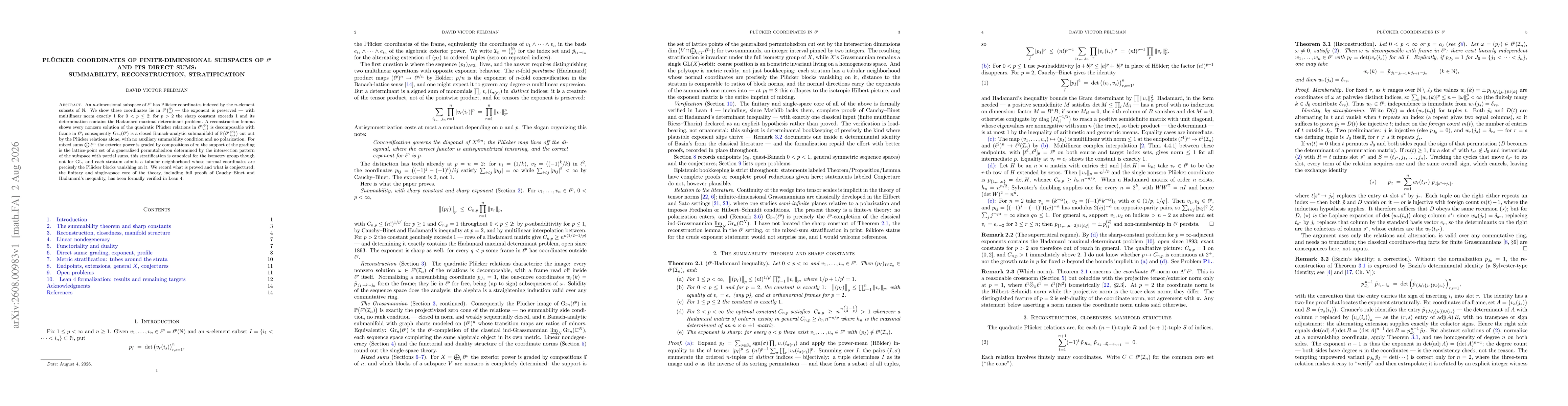 Thumbnail for Plücker coordinates of finite-dimensional subspaces of $\ell^p$ and its direct sums: summability, reconstruction, stratification
