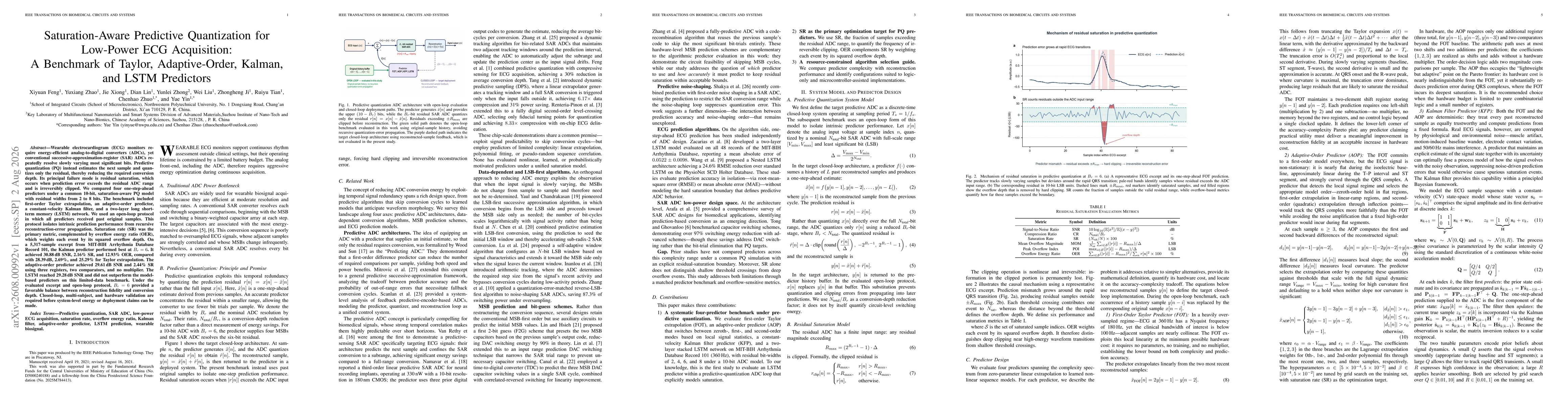 Thumbnail for Saturation-Aware Predictive Quantization for Low-Power ECG Acquisition: A Benchmark of Taylor, Adaptive-Order, Kalman, and LSTM Predictors