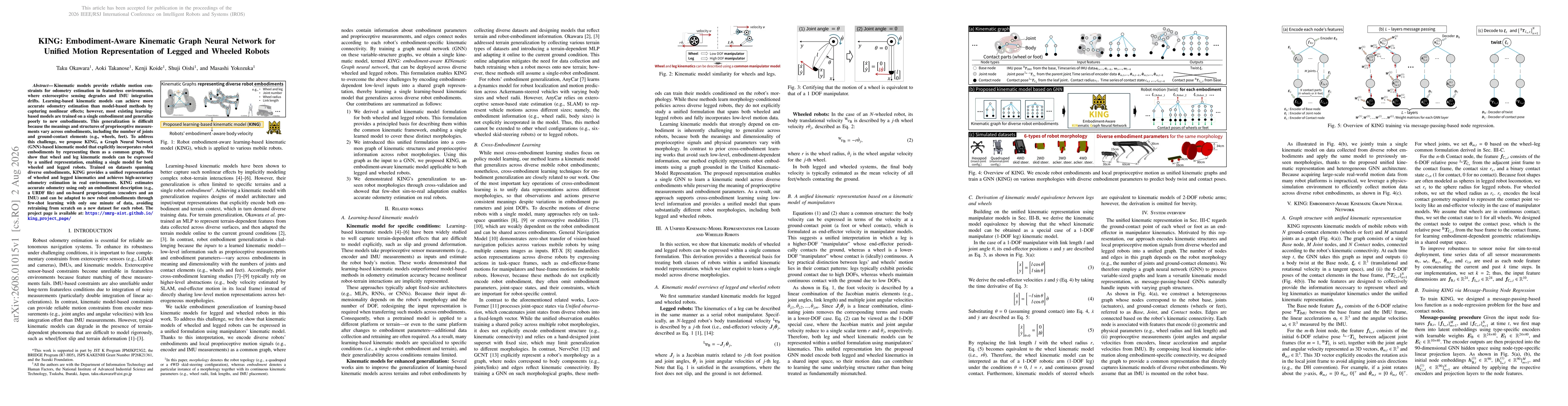 Thumbnail for KING: Embodiment-Aware Kinematic Graph Neural Network for Unified Motion Representation of Legged and Wheeled Robots