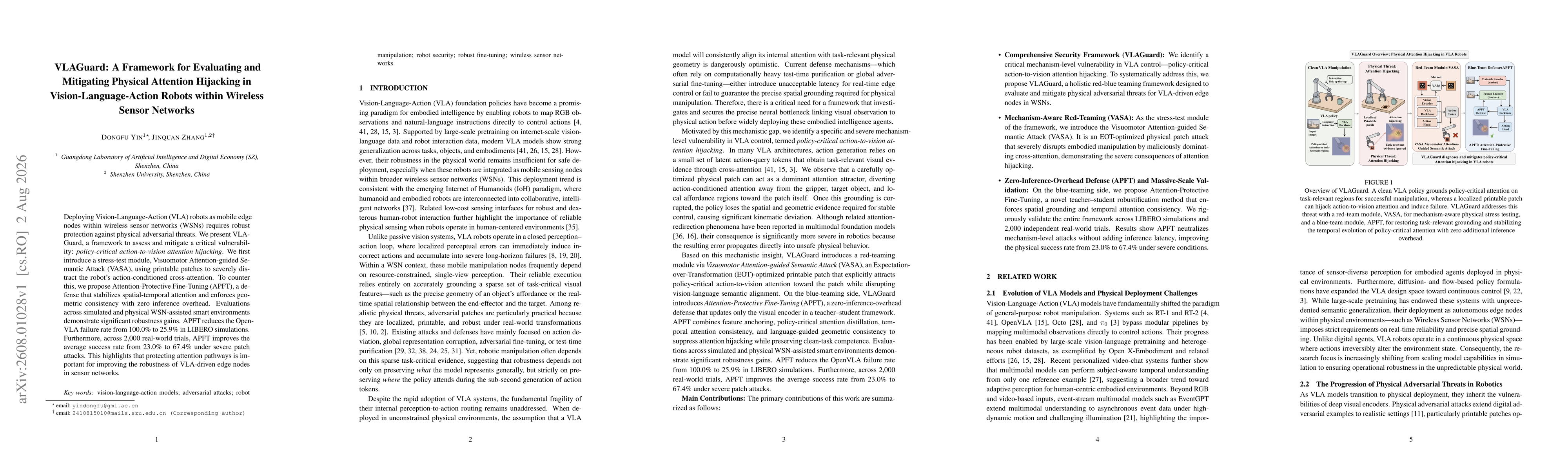 Thumbnail for VLAGuard: A Framework for Evaluating and Mitigating Physical Attention Hijacking in Vision-Language-Action Robots within Wireless Sensor Networks