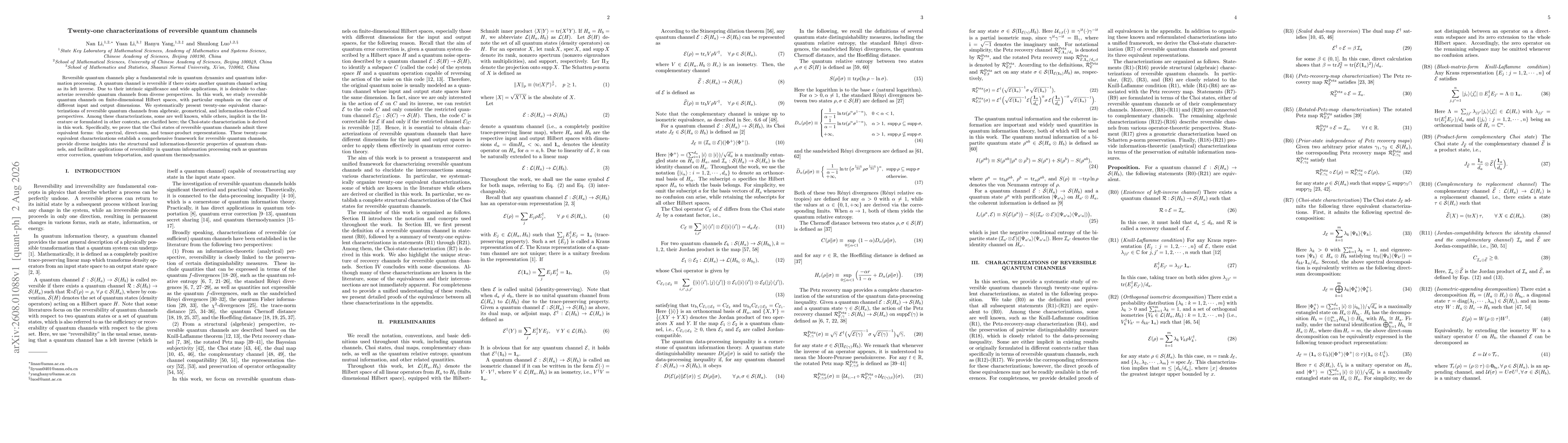 Thumbnail for Twenty-one characterizations of reversible quantum channels