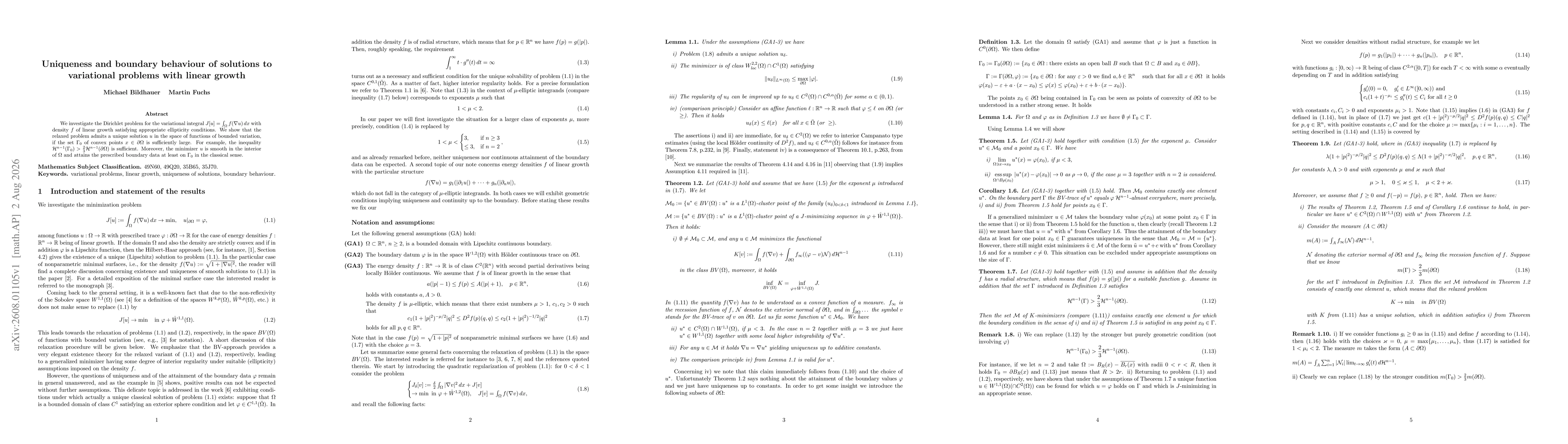 Thumbnail for Uniqueness and boundary behaviour of solutions to variational problems with linear growth