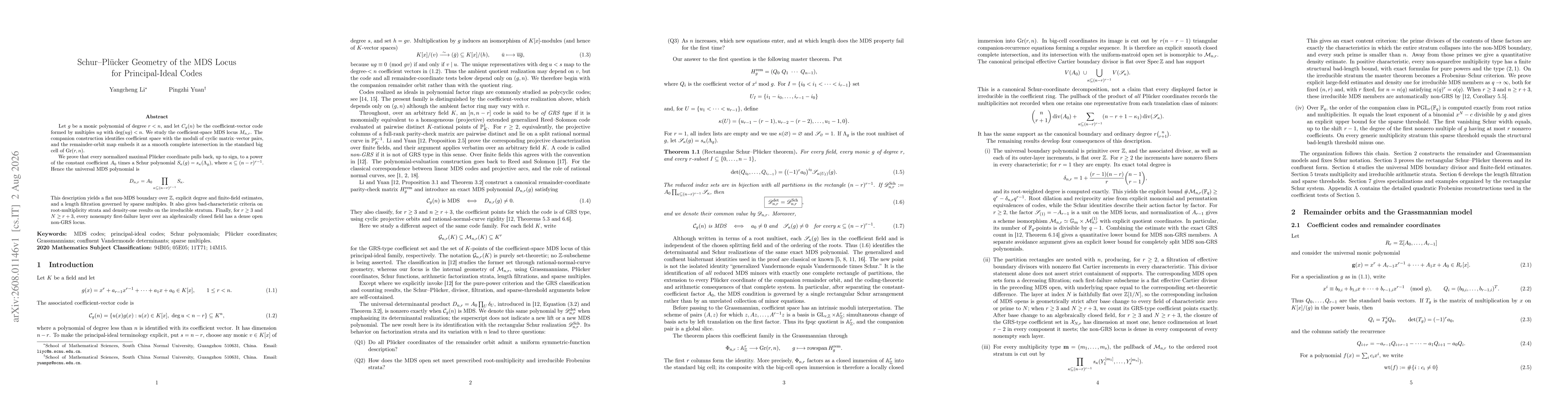 Thumbnail for Schur--Plucker Geometry of the MDS Locus for Principal-Ideal Codes