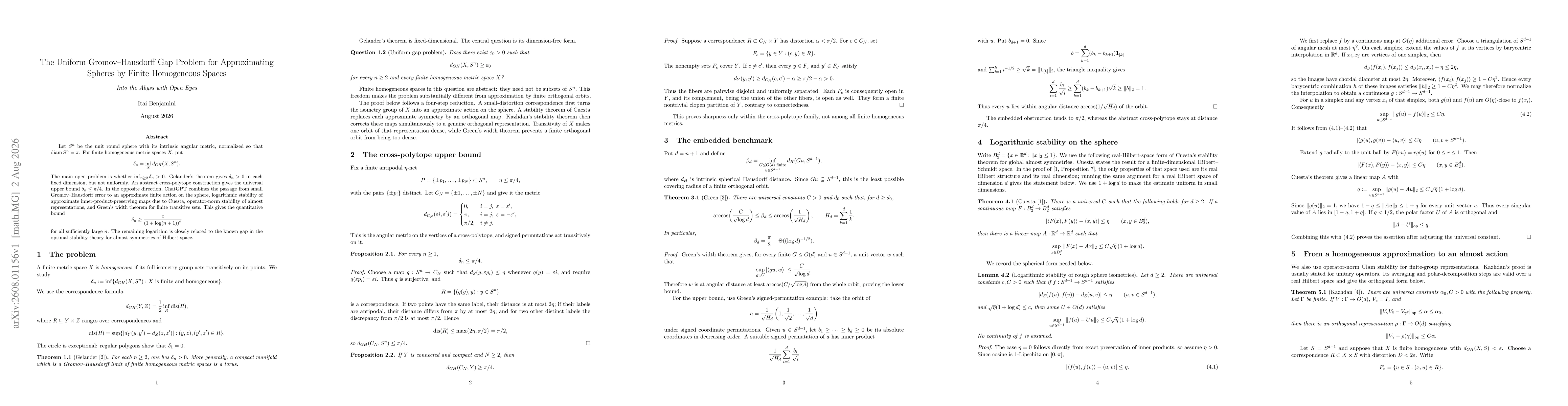 Thumbnail for The Uniform Gromov Hausdorff Gap Problem for Approximating Spheres by Finite Homogeneous Spaces