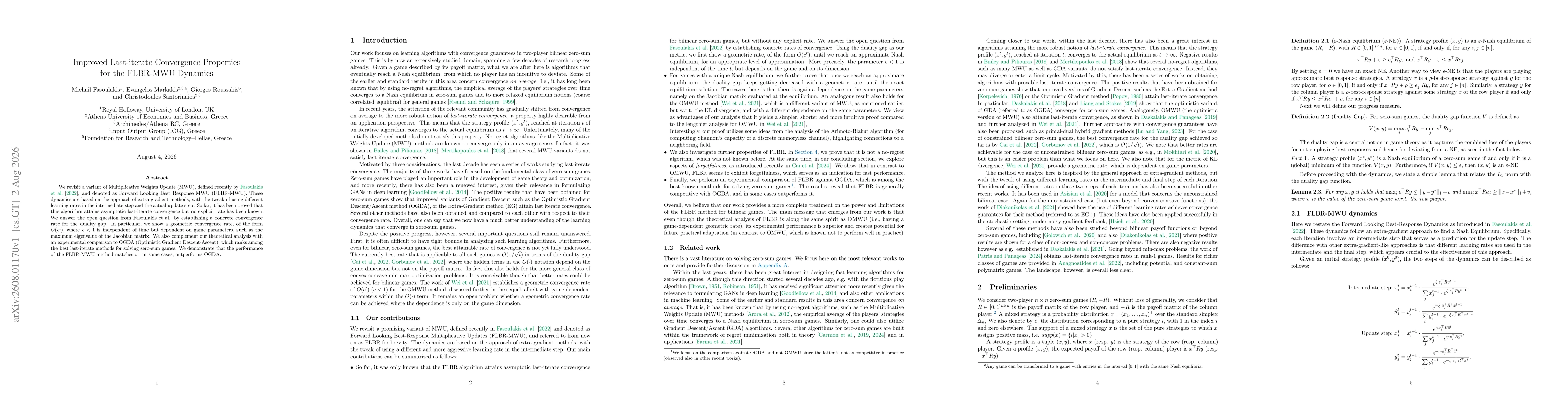Thumbnail for Improved Last-iterate Convergence Properties for the FLBR-MWU Dynamics