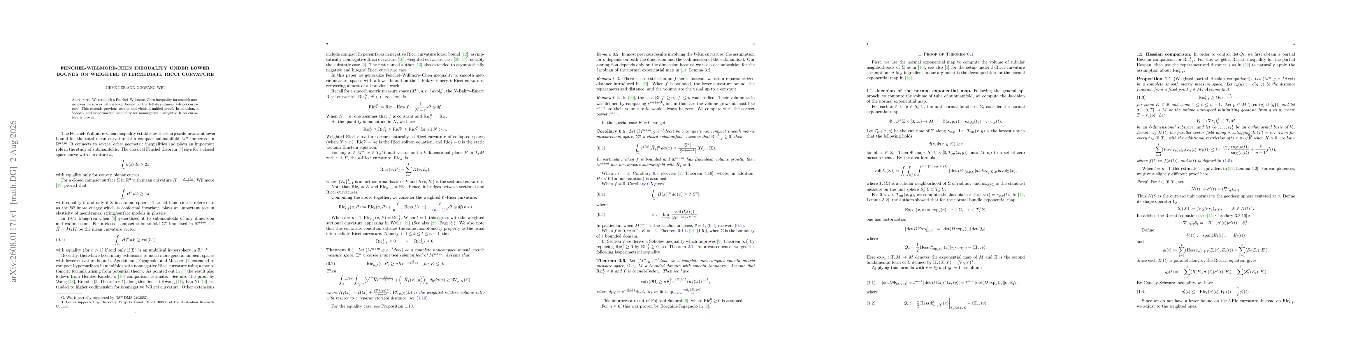 Thumbnail for Fenchel-Willmore-Chen inequality under lower bounds on weighted intermediate Ricci curvature
