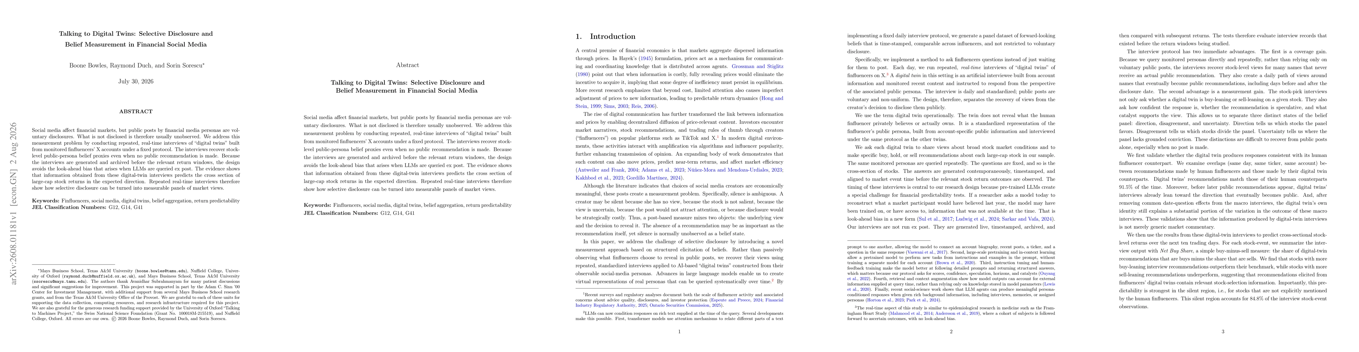 Thumbnail for Talking to Digital Twins: Selective Disclosure and Belief Measurement in Financial Social Media