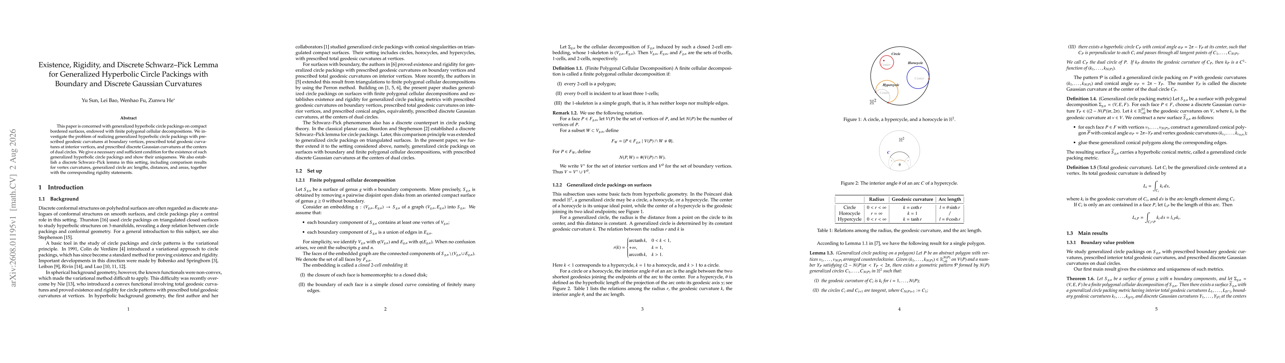 Thumbnail for Existence, Rigidity, and Discrete Schwarz--Pick Lemma for Generalized Hyperbolic Circle Packings with Boundary and Discrete Gaussian Curvatures