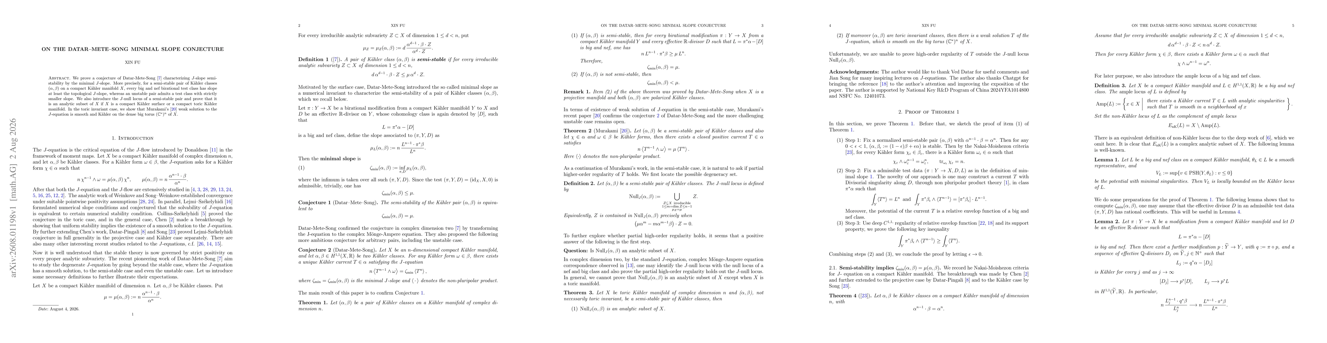 Thumbnail for On the Datar-Mete-Song minimal slope conjecture