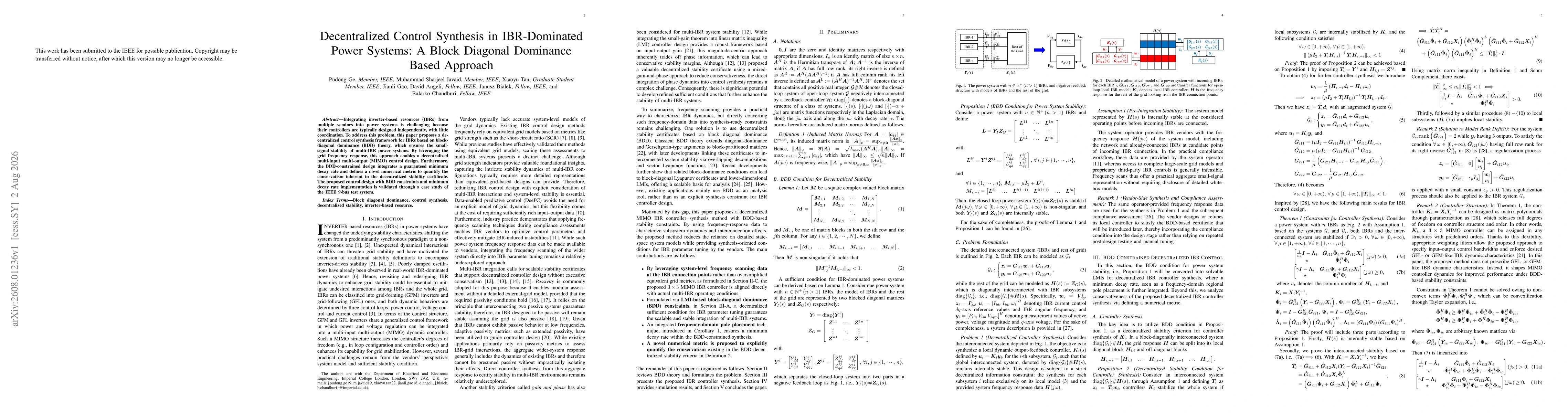 Thumbnail for Decentralized Control Synthesis in IBR-Dominated Power Systems: A Block Diagonal Dominance Based Approach