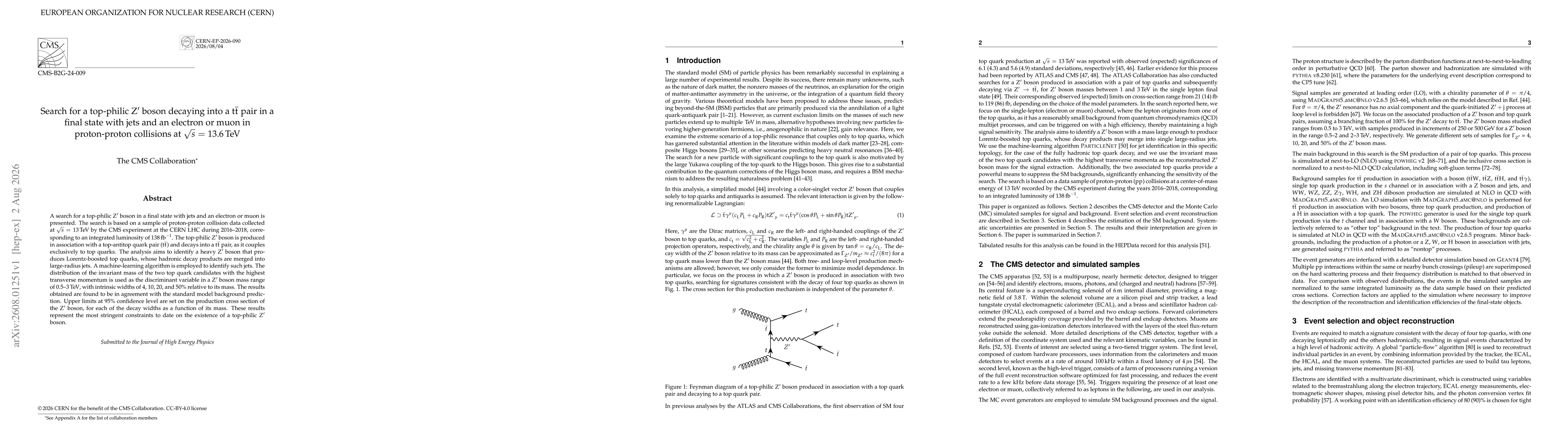 Thumbnail for Search for a top-philic Z' boson decaying into a $\mathrm{t\bar{t}}$ pair in a final state with jets and an electron or muon in proton-proton collisions at $\sqrt{s}$ = 13.6 TeV