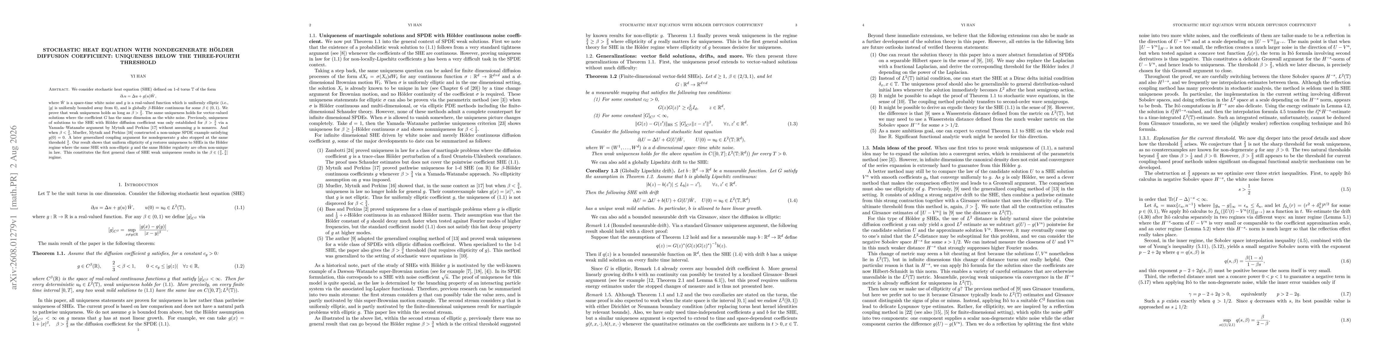 Thumbnail for Stochastic heat equation with nondegenerate Hölder diffusion coefficient: uniqueness below the three-fourth threshold