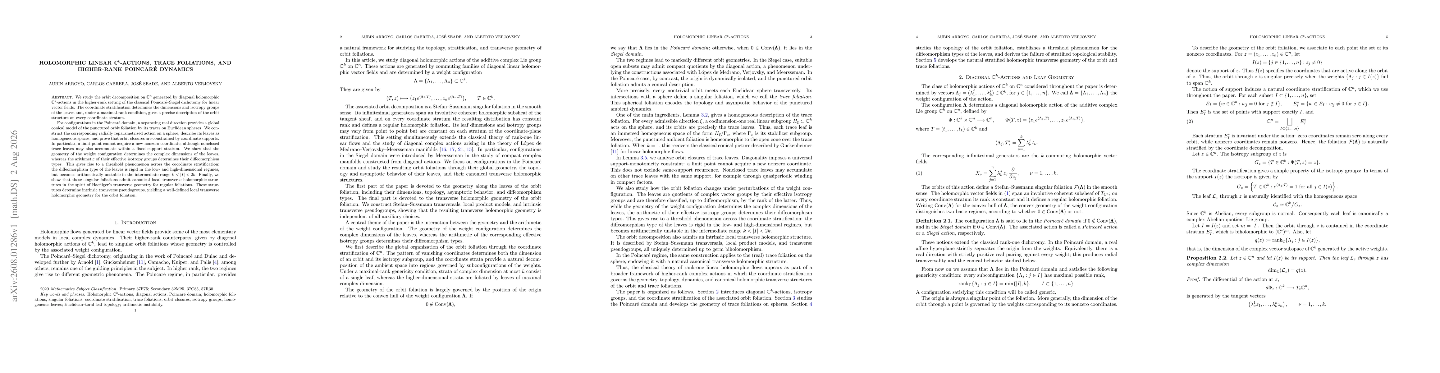 Thumbnail for Holomorphic Linear $\C^k$-Actions, Trace Foliations, and Higher-Rank Poincaré Dynamics