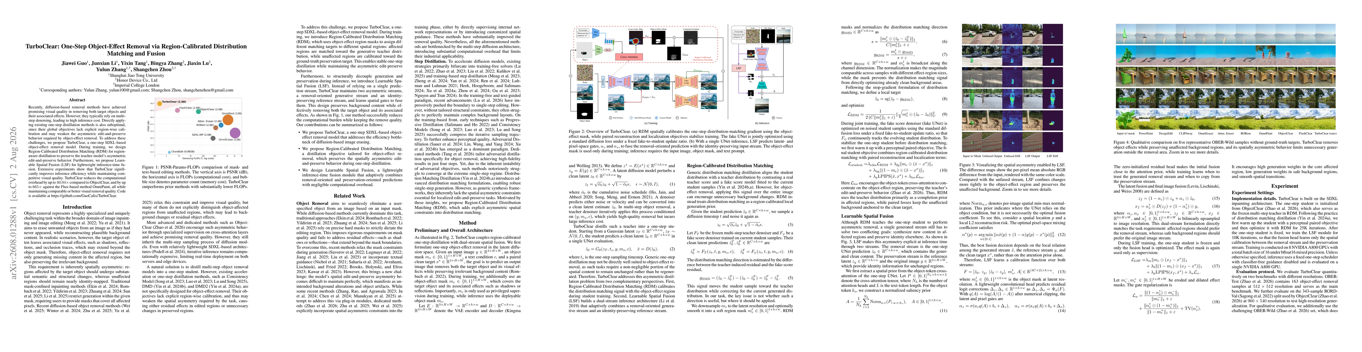 Thumbnail for TurboClear: One-Step Object-Effect Removal via Region-Calibrated Distribution Matching and Fusion