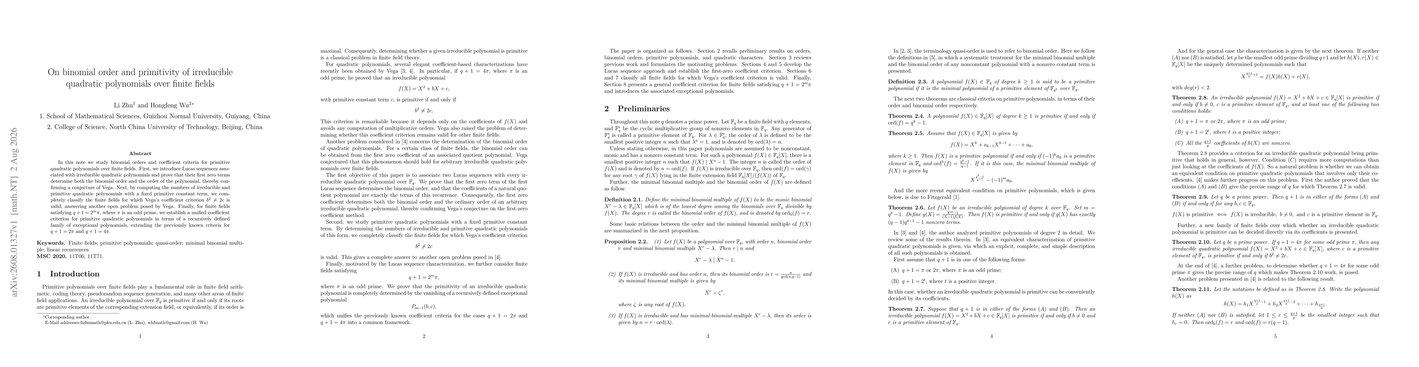 Thumbnail for On binomial order and primitivity of irreducible quadratic polynomials over finite fields