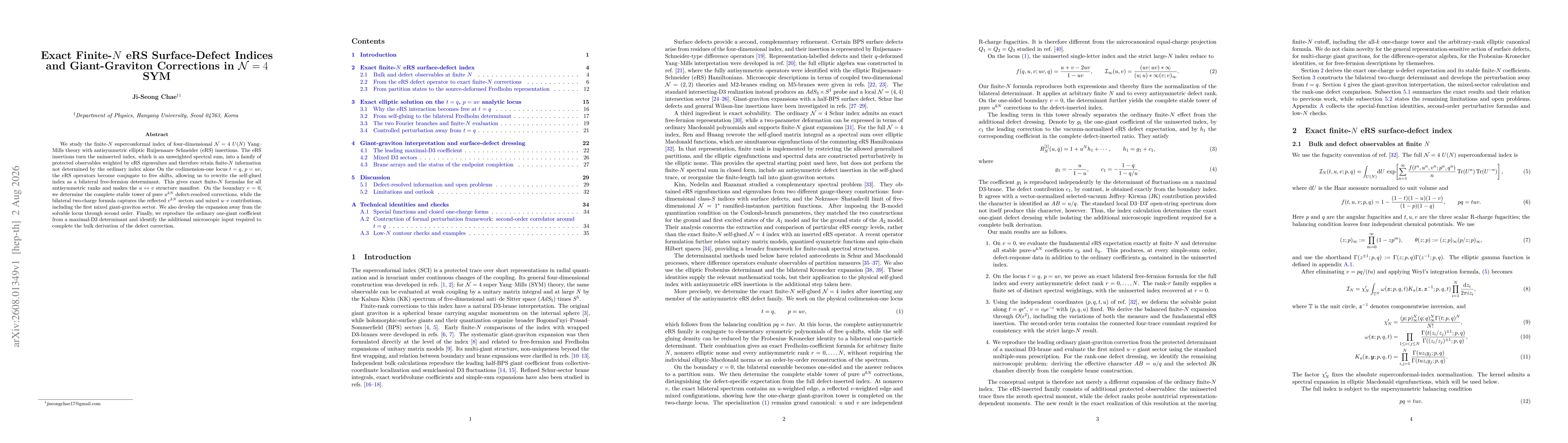 Thumbnail for Exact Finite-$N$ eRS Surface-Defect Indices and Giant-Graviton Corrections in $\mathcal N=4$ SYM