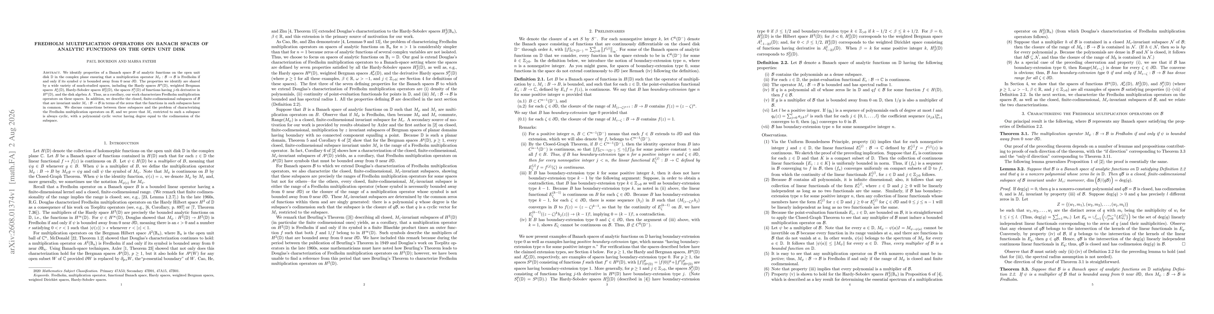 Thumbnail for Fredholm multiplication operators on Banach spaces of analytic functions on the open unit disk