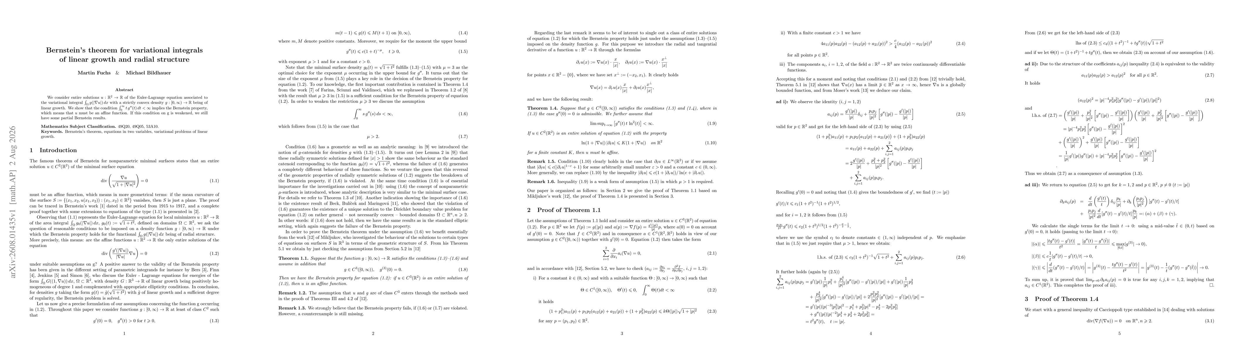 Thumbnail for Bernstein's theorem for variational integrals of linear growth and radial structure
