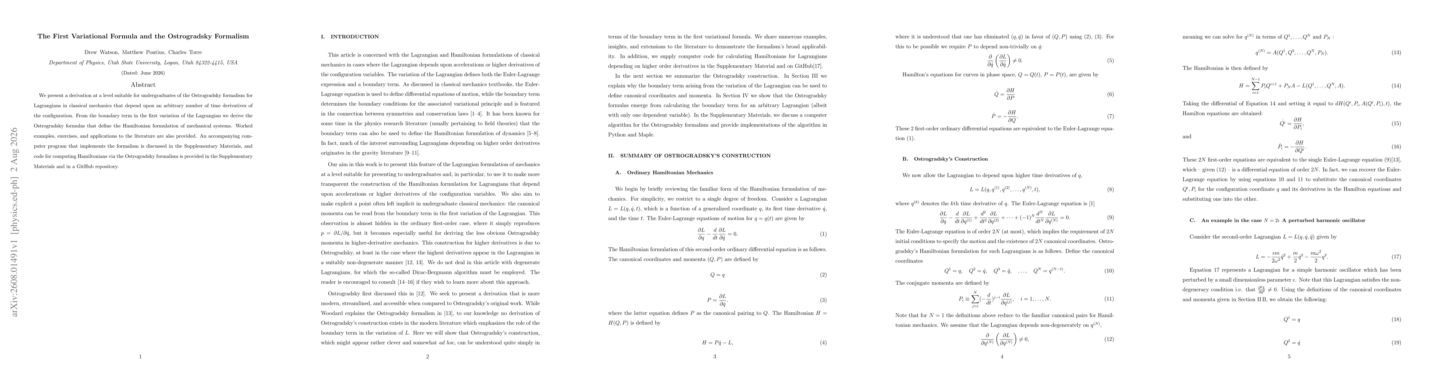 Thumbnail for The First Variational Formula and the Ostrogradsky Formalism