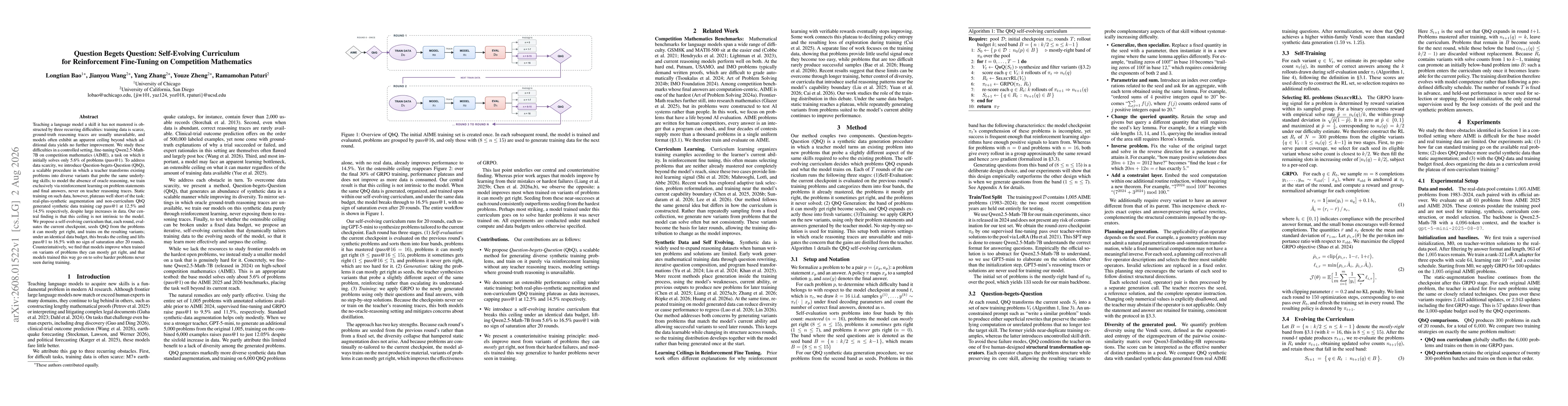 Thumbnail for Question Begets Question: Self-Evolving Curriculum for Reinforcement Fine-Tuning on Competition Mathematics