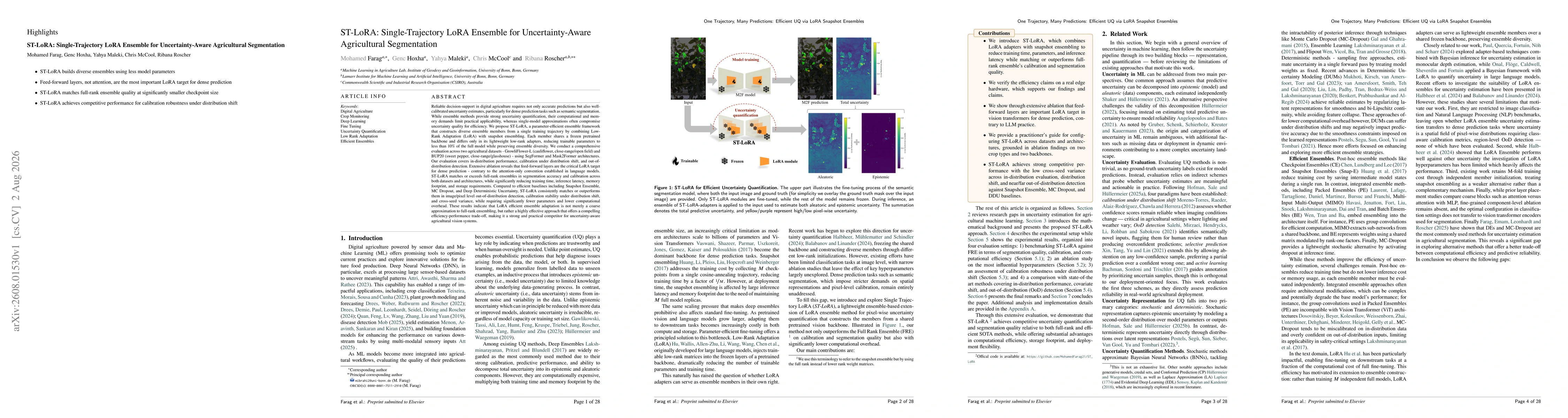 Thumbnail for ST-LoRA: Single Trajectory LoRA Ensemble for Uncertainty Aware Agricultural Segmentation