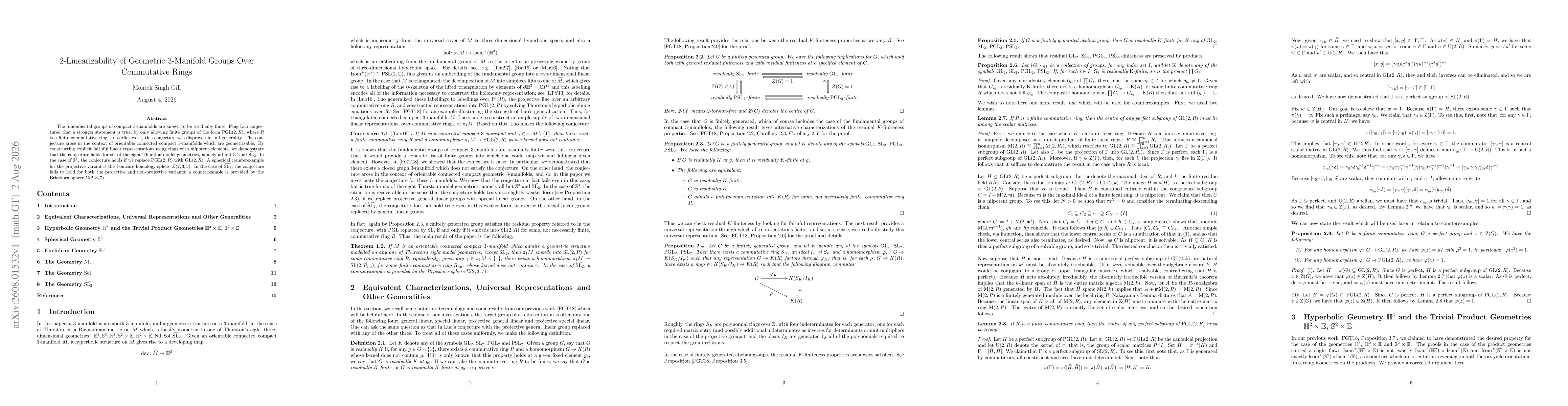 Thumbnail for 2-Linearizability of Geometric 3-Manifold Groups Over Commutative Rings