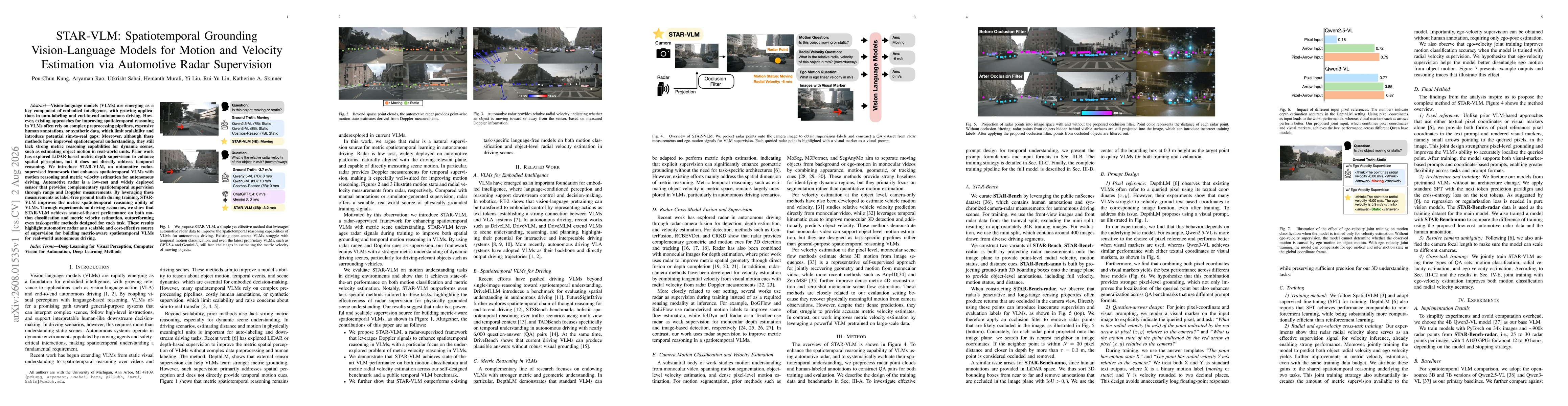 Thumbnail for STAR-VLM: Spatiotemporal Grounding Vision-Language Models for Motion and Velocity Estimation via Automotive Radar Supervision