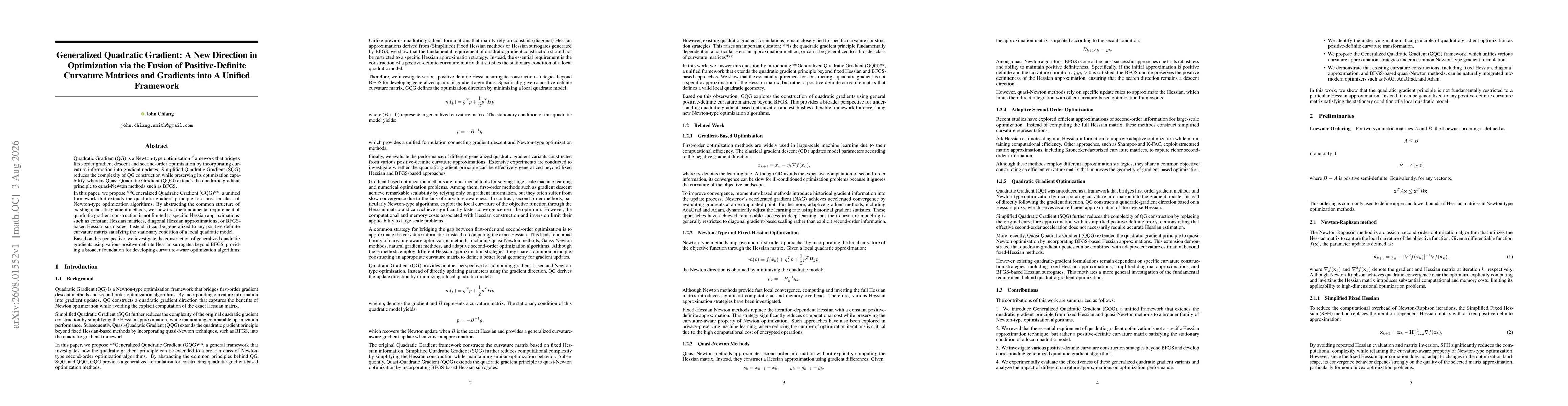 Thumbnail for Generalized Quadratic Gradient: A New Direction in Optimization via the Fusion of Positive-Definite Curvature Matrices and Gradients into A Unified Framework