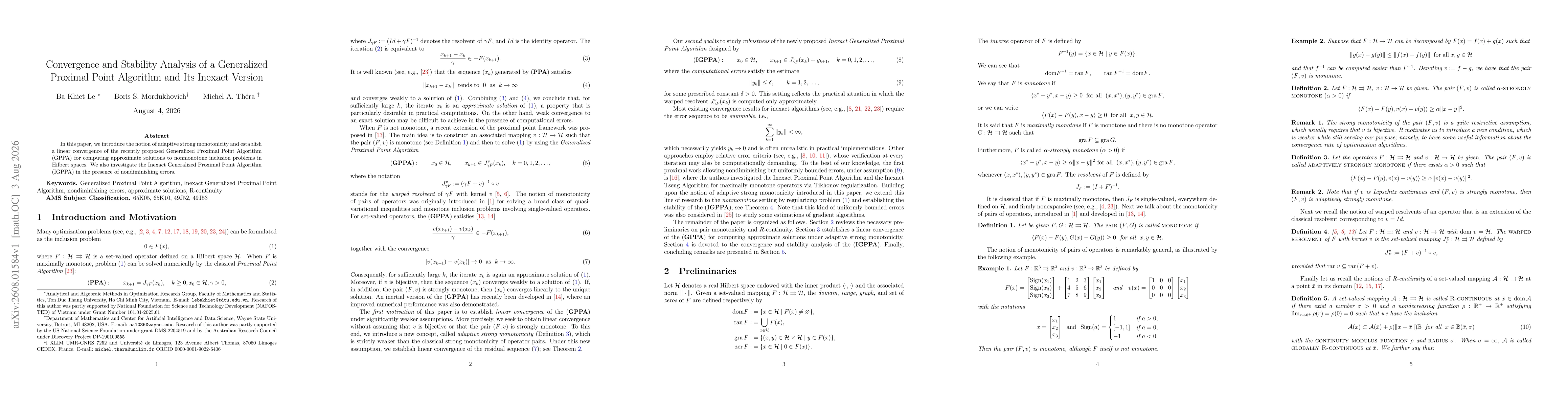 Thumbnail for Convergence and Stability Analysis of a Generalized Proximal Point Algorithm and Its Inexact Version