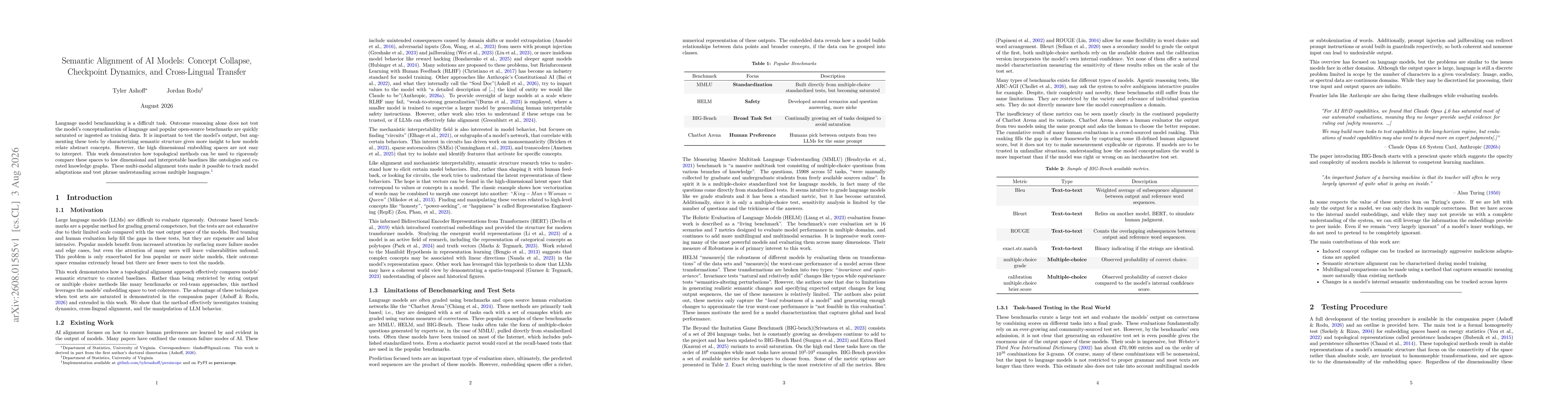 Thumbnail for Semantic Alignment of AI Models: Concept Collapse, Checkpoint Dynamics, and Cross-Lingual Transfer