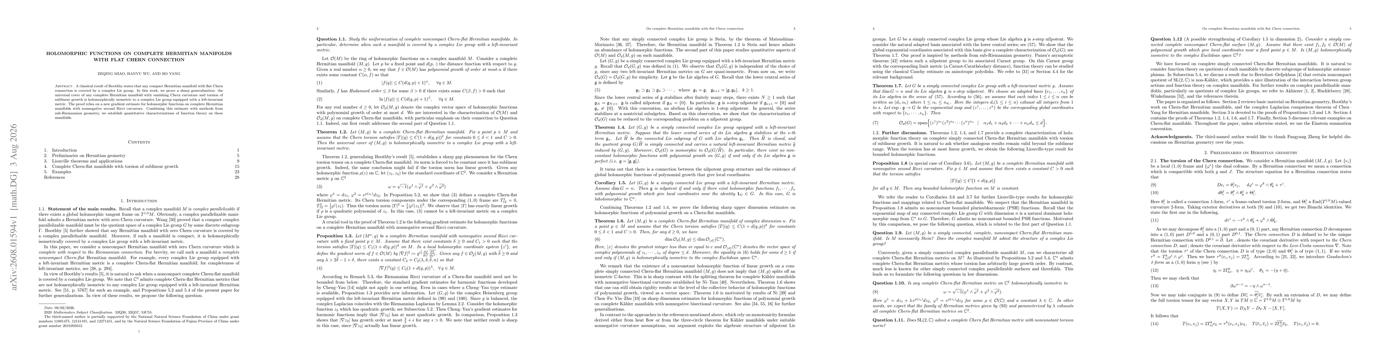 Thumbnail for Holomorphic functions on complete Hermitian manifolds with flat Chern connection