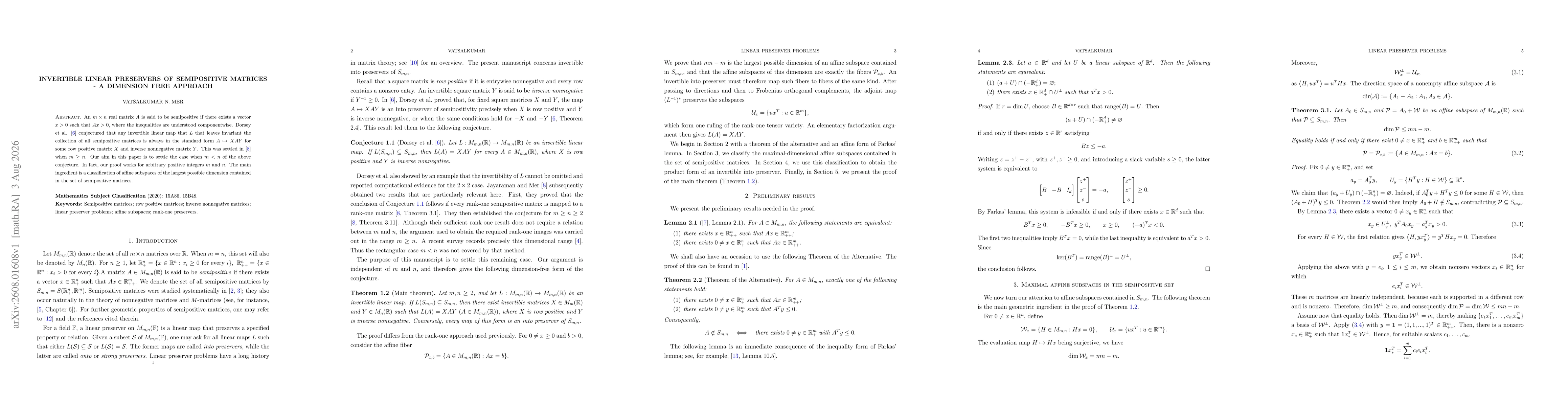 Thumbnail for Invertible linear preservers of semipositive matrices - a dimension free approach