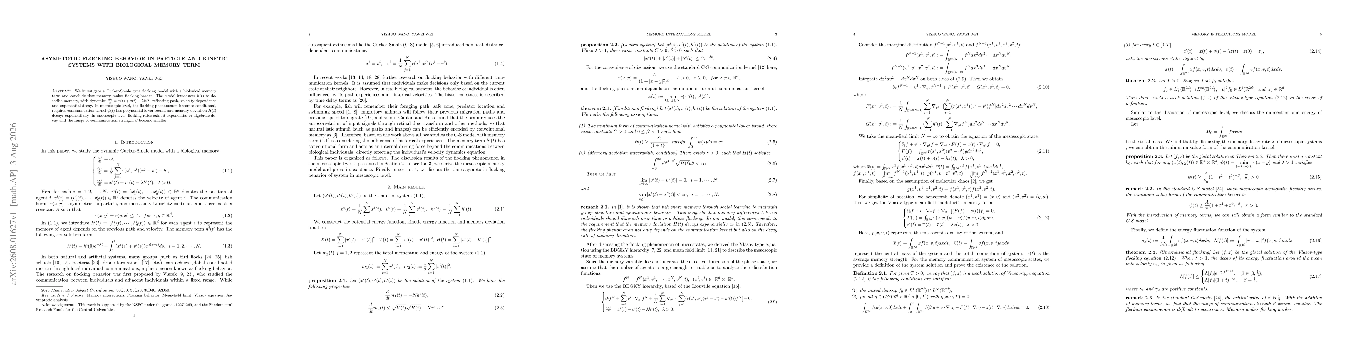 Thumbnail for Asymptotic Flocking Behavior in Particle and Kinetic Systems with biological Memory Term