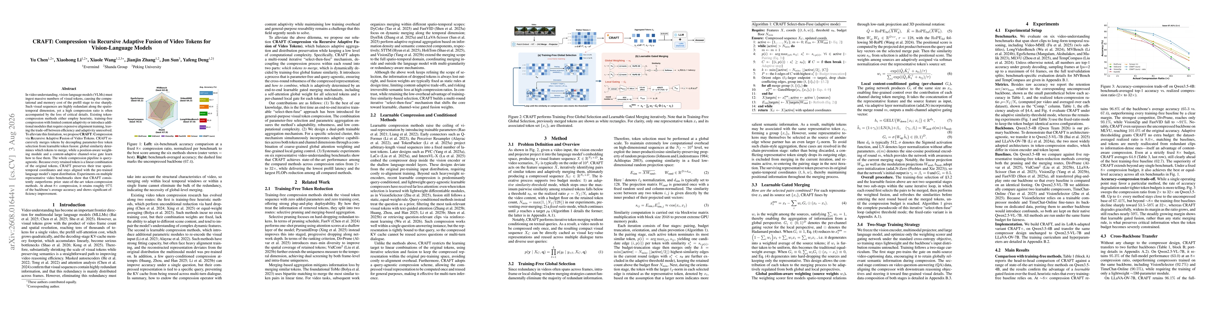 Thumbnail for CRAFT: Compression via Recursive Adaptive Fusion of Video Tokens for Vision-Language Models