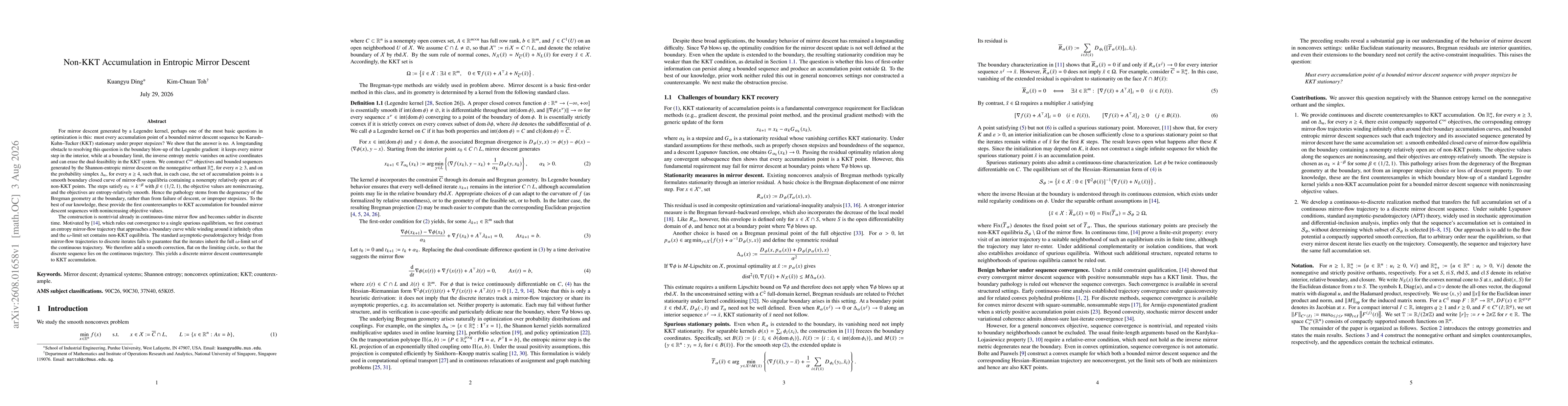 Thumbnail for Non-KKT Accumulation in Entropic Mirror Descent