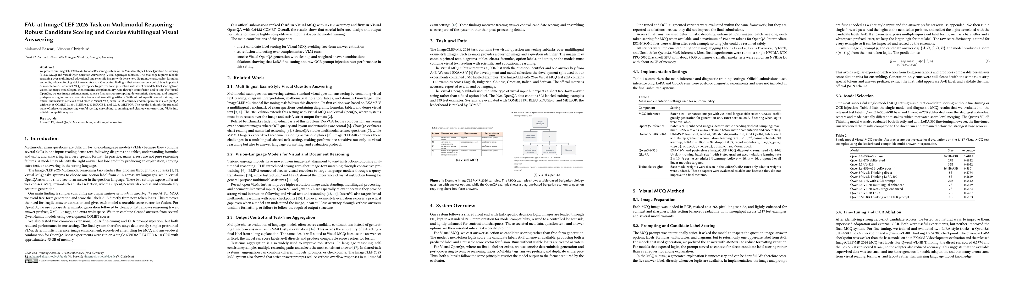 Thumbnail for FAU at ImageCLEF 2026 Task on Multimodal Reasoning Robust Candidate Scoring and Concise Multilingual Visual Answering