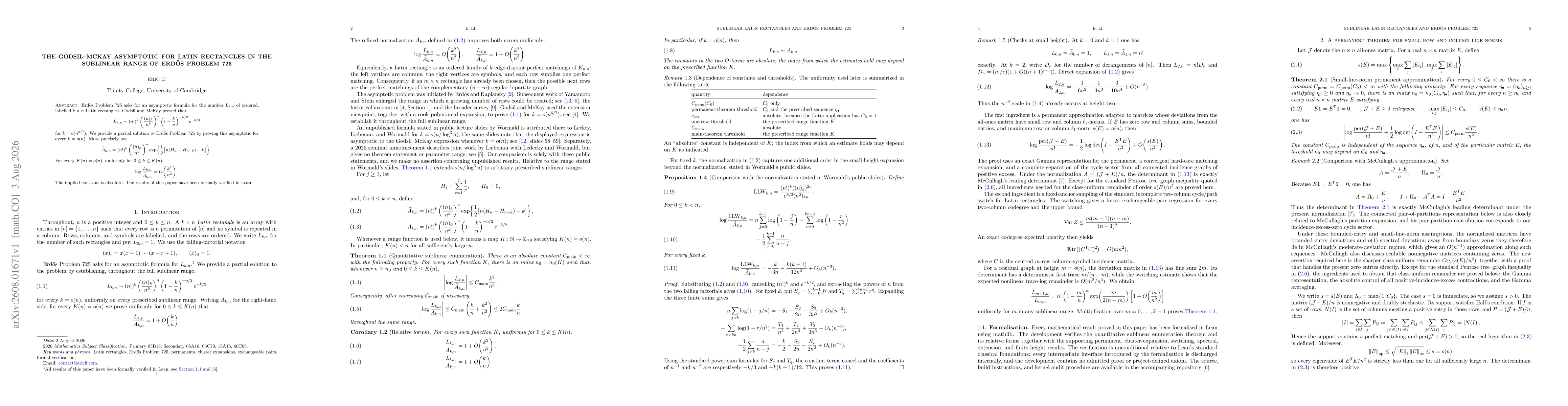 Thumbnail for The Godsil--McKay Asymptotic for Latin Rectangles in the Sublinear Range of Erdős Problem 725