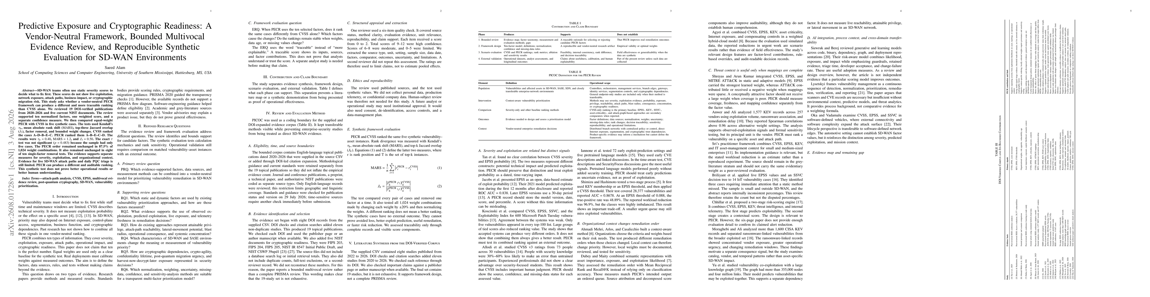 Thumbnail for Predictive Exposure and Cryptographic Readiness: A Vendor-Neutral Framework, a, Bounded Multivocal Evidence Analysis, and Reproducible Synthetic Evaluation for SD-WAN Environments