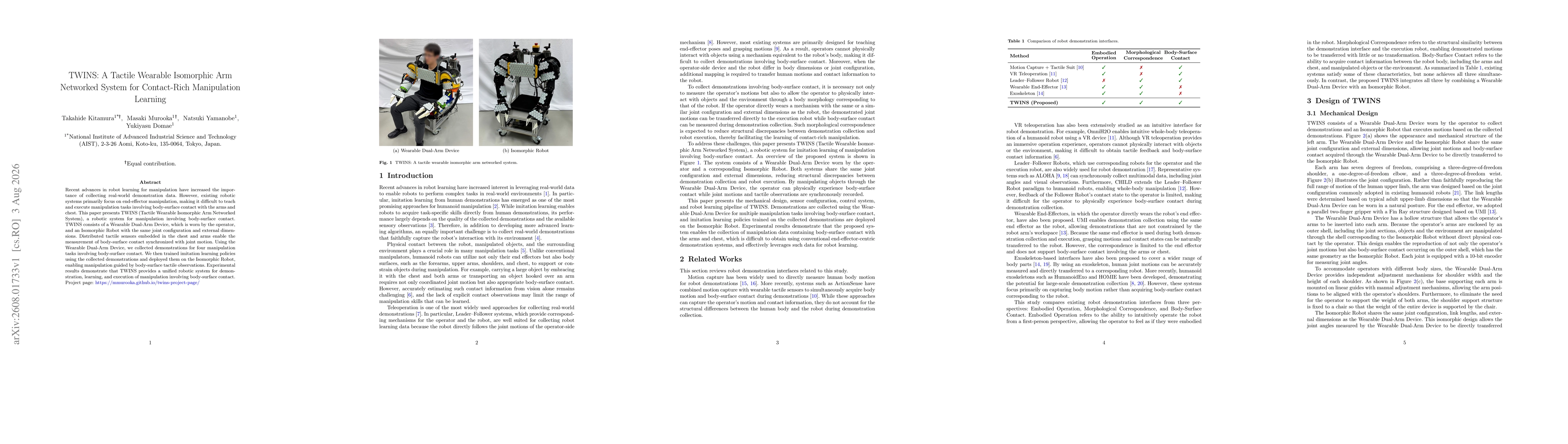 Thumbnail for TWINS: A Tactile Wearable Isomorphic Arm Networked System for Contact-Rich Manipulation Learning