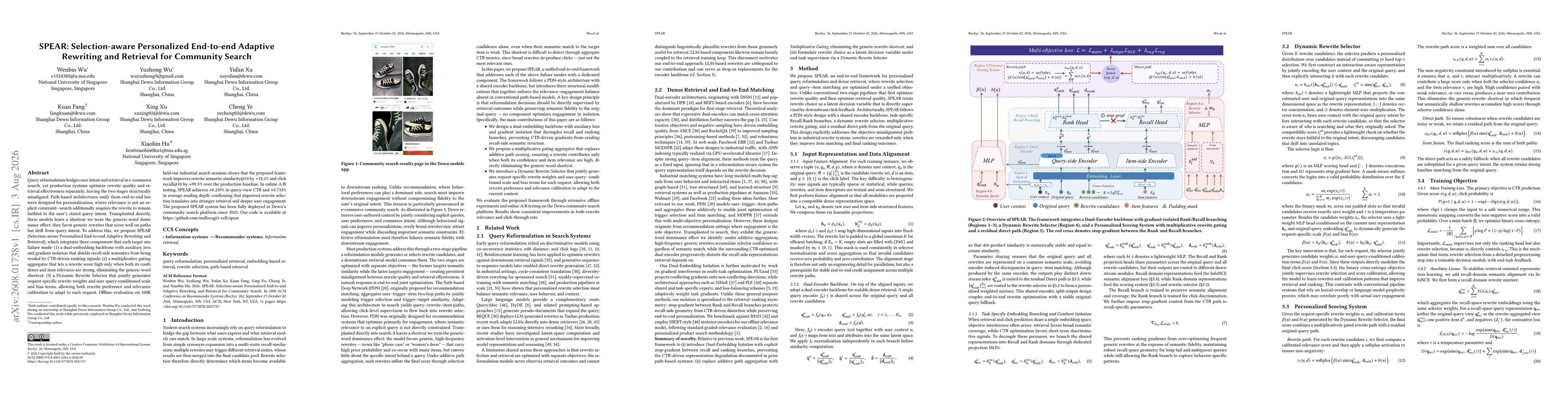 Thumbnail for SPEAR: Selection-aware Personalized End-to-end Adaptive Rewriting and Retrieval for Community Search