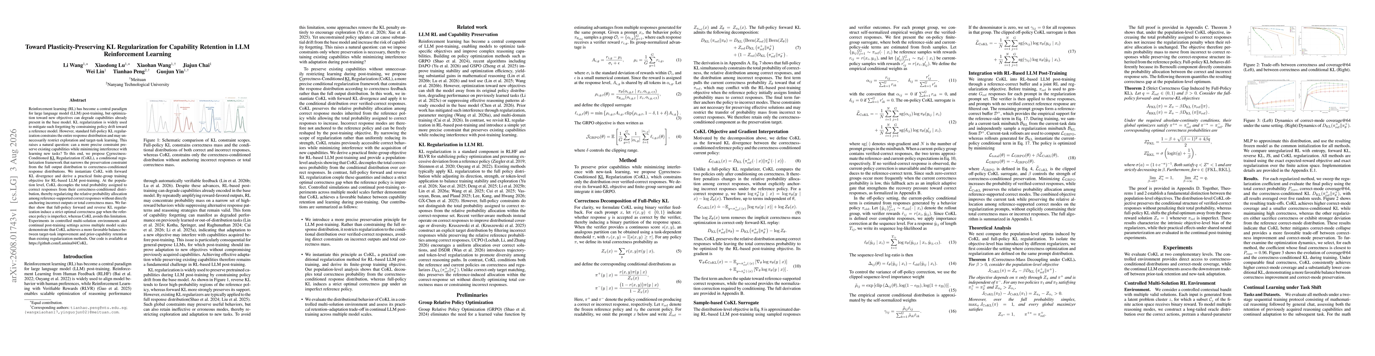 Thumbnail for Toward Plasticity-Preserving KL Regularization for Capability Retention in LLM Reinforcement Learning