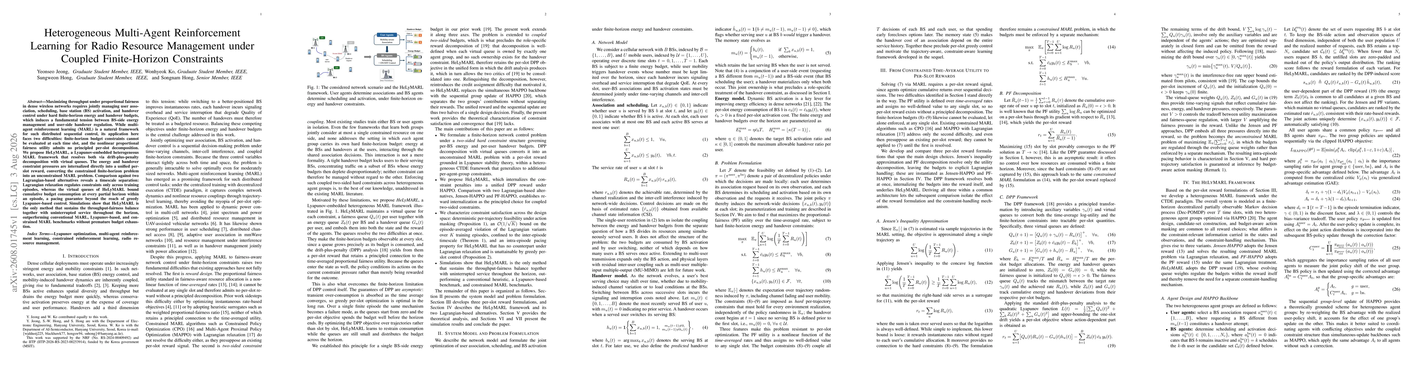 Thumbnail for Heterogeneous Multi-Agent Reinforcement Learning for Radio Resource Management under Coupled Finite-Horizon Constraints