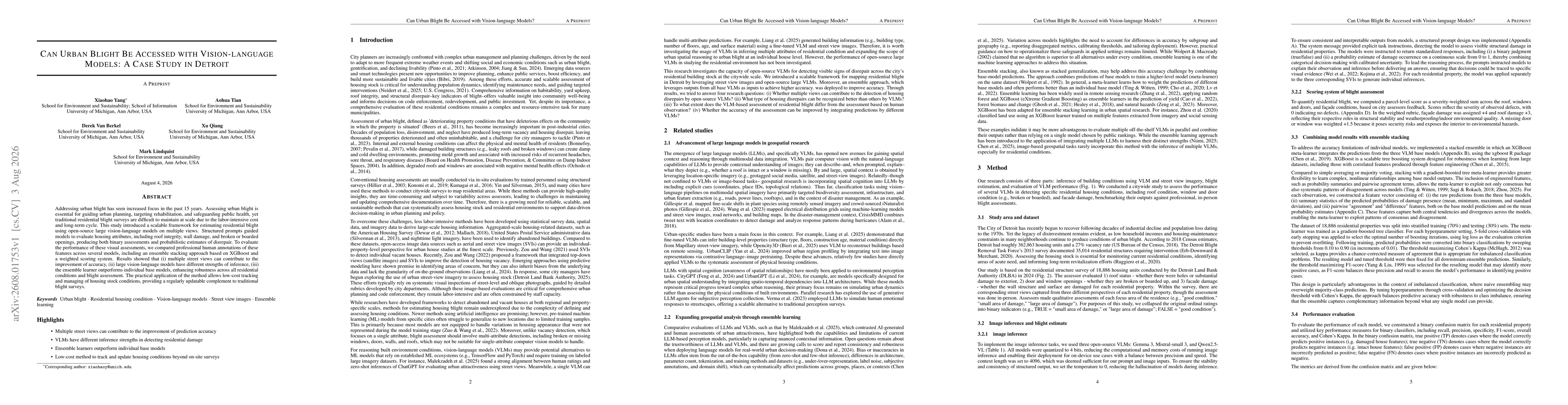 Thumbnail for Can Urban Blight Be Accessed with Vision-language Models: A Case Study in Detroit
