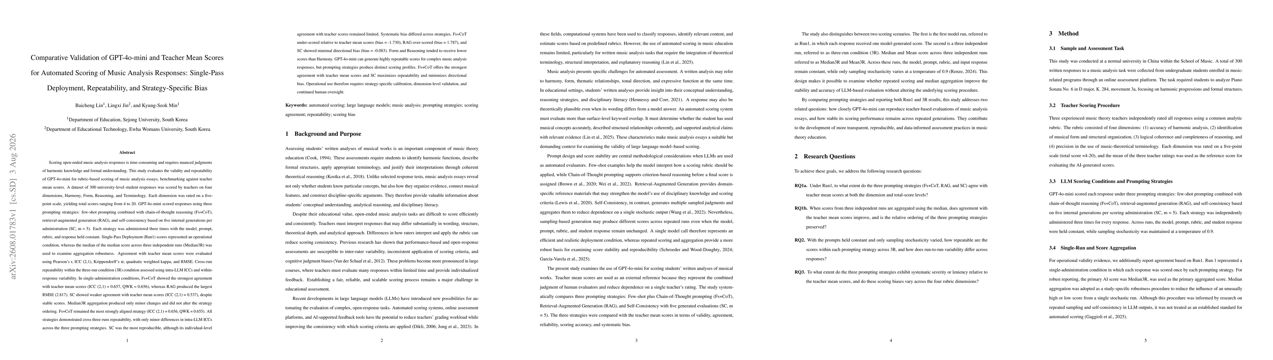 Thumbnail for Comparative Validation of GPT-4o-mini and Teacher Mean Scores for Automated Scoring of Music Analysis Responses: Single-Pass Deployment, Repeatability, and Strategy-Specific Bias