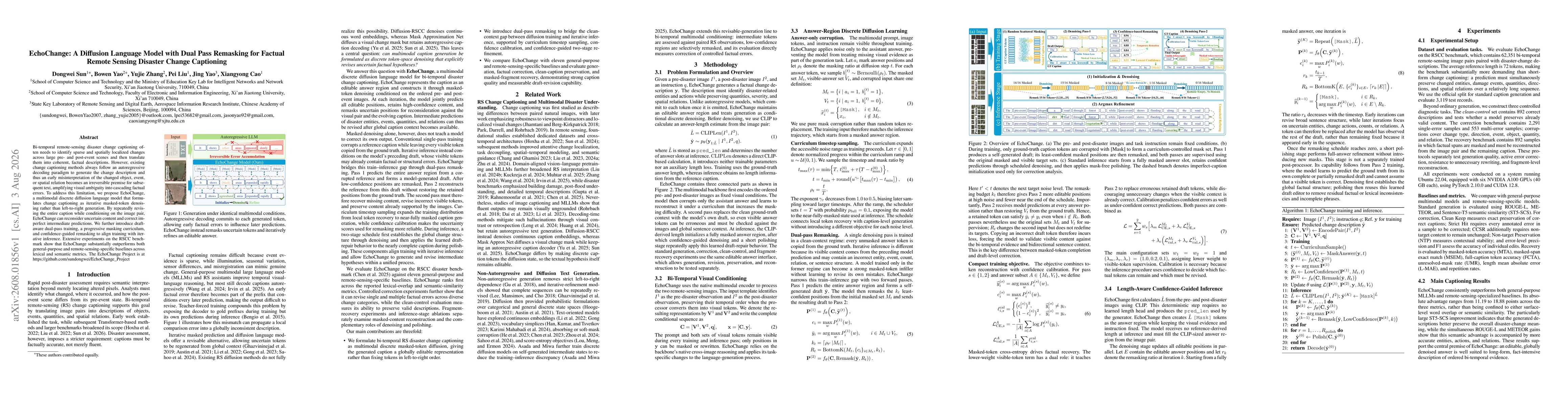 Thumbnail for EchoChange: A Diffusion Language Model with Dual Pass Remasking for Factual Remote Sensing Disaster Change Captioning