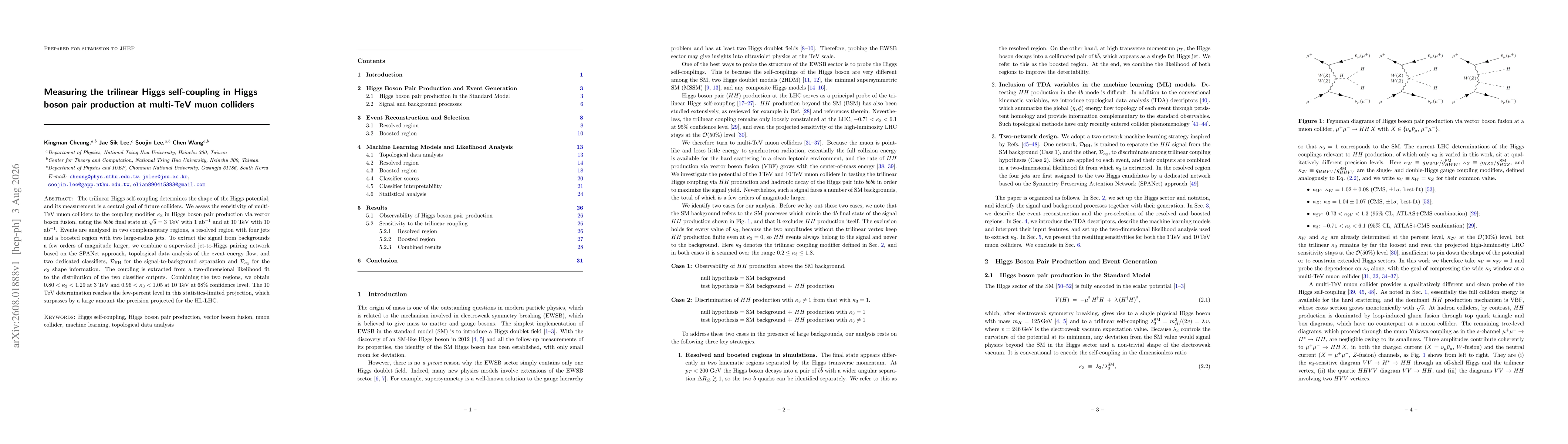 Thumbnail for Measuring the trilinear Higgs self-coupling in Higgs boson pair production at multi-TeV muon colliders