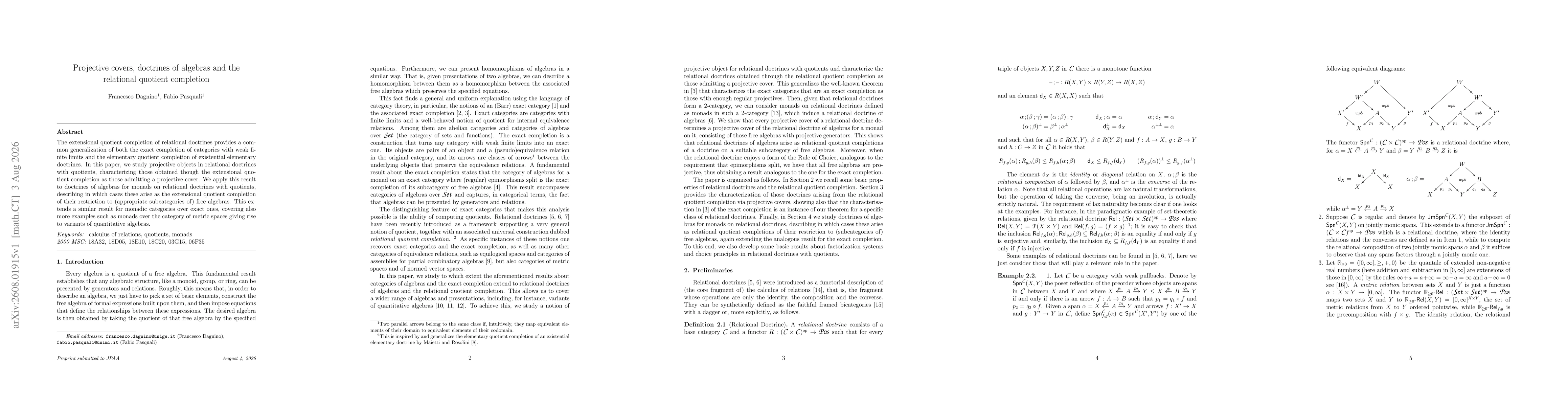 Thumbnail for Projective covers, doctrines of algebras and the relational quotient completion